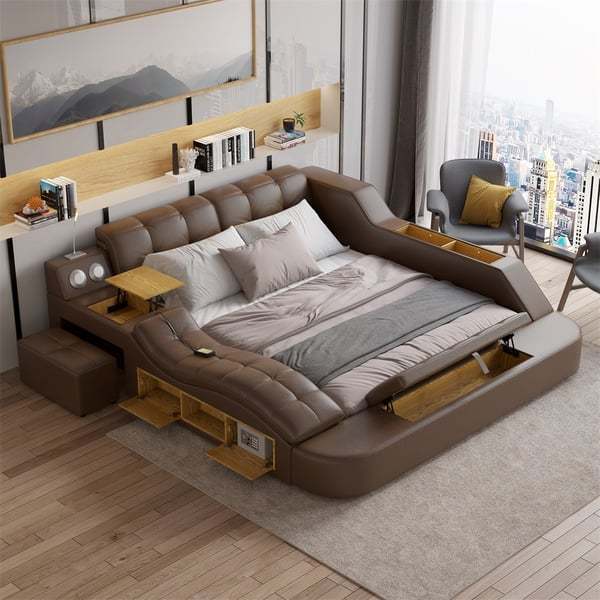 Modern Leather Upholstered Adjustable Smart Bed with Massage Wireless USB Charging Bluetooth Audio Storage Function Queen Size