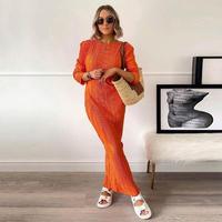Robe longue plissée décontractée pour femme, collection printemps, style basique, manches longues, pour soirée, couleur orange, idéale pour le dropshipping