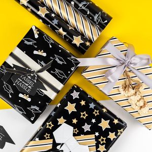 MAYPLUSS Graduation Gift <b>Wrap</b> 17in x 120in Black Gold Foil Stars Stripes Caps Party Craft Packaging <b>Paper</b> - Product Image 2