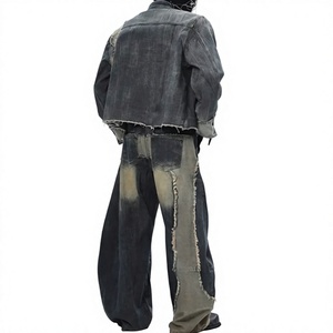 Custom Patchwork Washed Denim Jackets Streetwear Stonewashed Raw Edge Men Jeans Vintage Distressed Outwear Set - Product Image 2