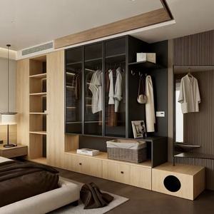 Armoire Balom élégante, moderne et minimaliste en noir et chêne avec armoire en verre à LED et espace de <span class=keywords><strong>dressing</strong></span> flottant pour appartements - Product Image 2