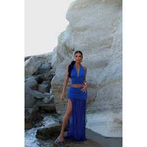 Costume jupe en satin bleu marine avec décoration boutonnée - Product Image 5