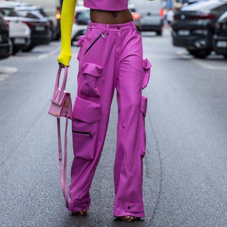 Designer Solid PU Leather Cargo Pants Streetwear Trousers Women