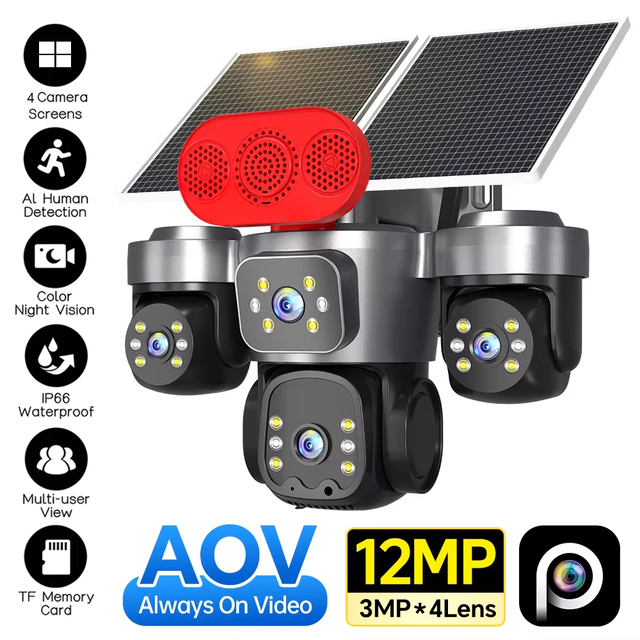Outdoor Solar 12MP 4 Lens PTZ Security CCTV Camera AOV 24/7 Surveillance AI Human Detection Color Night Vision 2-way Audio IP66