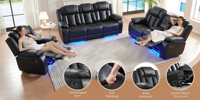 Canapé multifonctionnel 6 places en cuir avec fonction massage, console centrale extensible en bois, porte-gobelets audio, pour salon et maison