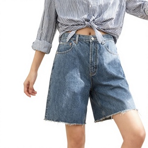 High Waist Denim Bermuda Shorts For <b>Women</b> Solid Color Cotton Casual Button <b>Fly</b> Washed Fabric With Pockets - Product Image 1