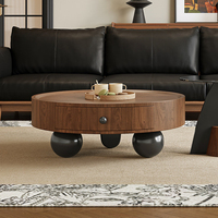 Ensemble de table basse et table d'appoint ronde en bois créative et économique : Noyer avec tiroir, pieds en boule (Salon minimaliste)
