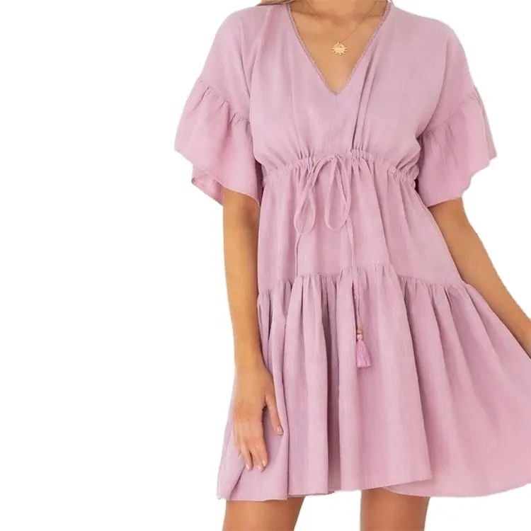 Private Label Dress Girl's Clothing V Neck Ruched Vestidos Elegant Women Western Mini Casual Pink Cotton Linen Dresses