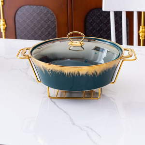 Haute qualité De Luxe Or Ovale Forme Casserole En Céramique <span class=keywords><strong>Buffet</strong></span> Réchauffeur De Nourriture Conteneur Pot À Soupe Avec poignée - Product Image 2