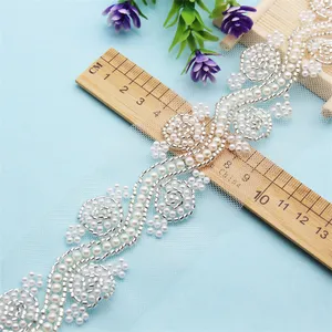 Factory Wholesale Handmade Gleaming Sequin Beaded Trim Lace,Pearl Beaded Embroidered Rhinestones Applique Lace Tulle Fabric