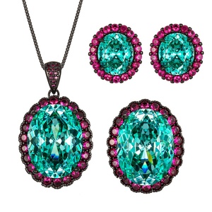 Fashion Eco-friendly Copper Black Gold Plated Big 15*20mm Paraiba Green Zircon 3 Piece Wedding <b>Ring</b> Garnet Jewelry <b>Set</b> for <b>Women</b> - Product Image 1