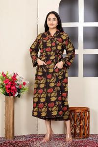 Hermoso Kimono de Algodón Estampado a Mano con Bloques Jahota, con Cinturón, Bolsillos Delanteros, Manga Larga, Estilo Maxi, Bata de Baño Estándar - Product Image 4