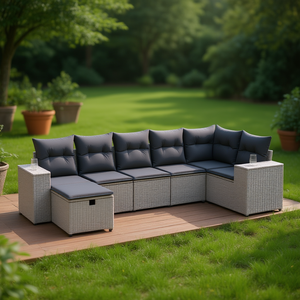 Grand ensemble de canapés de jardin en polyrotin gris, structure en acier, housses amovibles, mobilier d'extérieur 6 places, design contemporain - Product Image 2