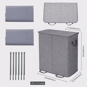 Cesto de ropa sucia plegable de doble capa de lino y algodón con tapa <span class=keywords><strong>2</strong></span> divisores Cesta de ropa sucia - Product Image 3