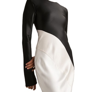 Abito Formale Elegante Personalizzato di Alta Qualità Primavera-Estate, Bicolore Nero e Bianco, Collo Tondo, Maniche Lunghe in Raso - Product Image 3