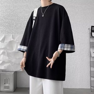 Primavera estate t-shirt oversize per gli uomini delle donne 2XL <span class=keywords><strong>stile</strong></span> coreano ampio Plaid Casual sette maniche bianco <span class=keywords><strong>maschile</strong></span> t-shirt lunga - Product Image 5
