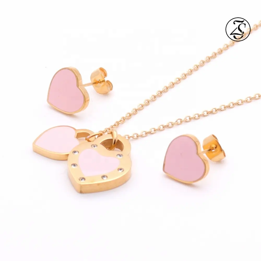 Roze Steen Cz Glanzend Ketting Women18K Hartvormige Rvs Vergulde Bruids Sieraden Fancy Ketting Set