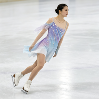 Robe de patinage artistique à épaules dénudées, dégradé violet-bleu orné de strass, en tissu mesh pour compétition et spectacle sur glace (adultes et enfants)