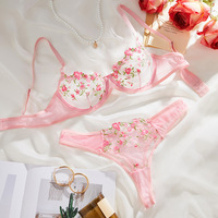 Ensemble de Lingerie Sexy à Broderie Florale pour Femme, Parure Délicate en Dentelle 2 Pièces