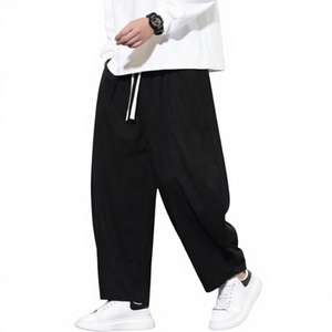 Men's Casual Eco-Friendly Japan Style Polyester/Cotton Corduroy Embroidered Logo Drawstring Loose Elastic Waist <b>Pocket</b> Trousers - Product Image 3