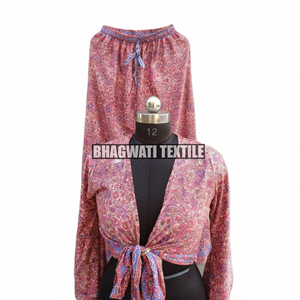 เสื้อครอปผ้าไหมแท้สำหรับผู้หญิงมาใหม่สวมใส่ฤดูร้อนแขนยาวทรงกระดิ่งคอวีลึกเสื้อเบลาส์ผูกจุดแบบลำลอง - Product Image 1