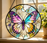 Attrape-soleil en verre peint avec motif papillon, décoration murale, panneau de fenêtre suspendu, vitrail décoratif