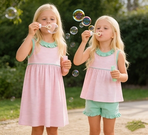 Abiti Estivi a Righe <span class=keywords><strong>Rosa</strong></span> per Bambine con Colletto a Volant, <span class=keywords><strong>Vestito</strong></span> Personalizzato per Bambine con Set di Pantaloncini Abbinati, Abbigliamento per Bambine - Product Image 1