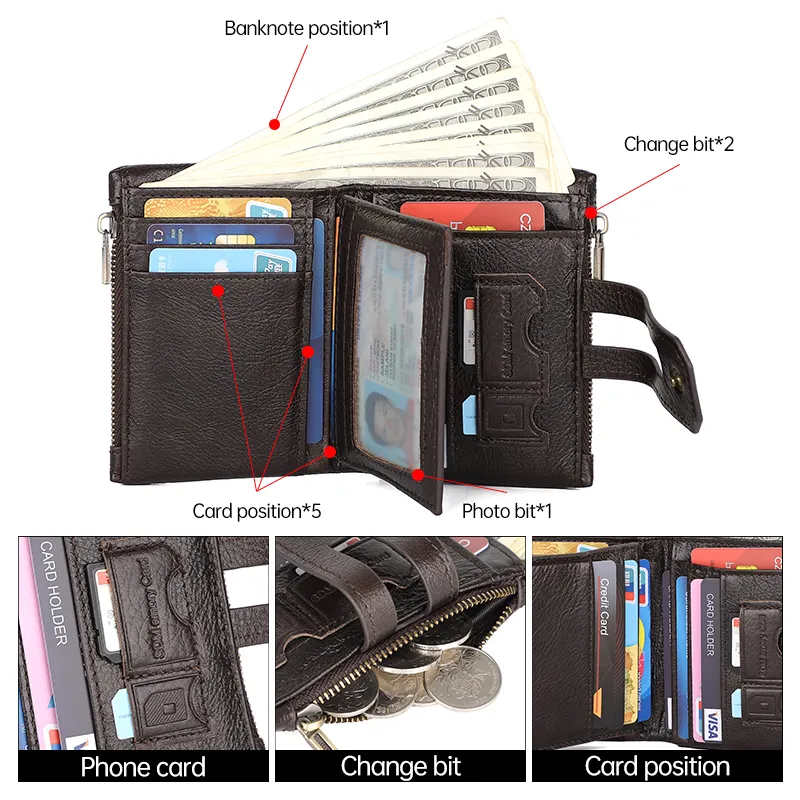 Bán Hot da bò mini chính hãng Ví da RFID chặn sang trọng Gents tùy chỉnh dây kéo Mens Slim Wallet với chuỗi Ví