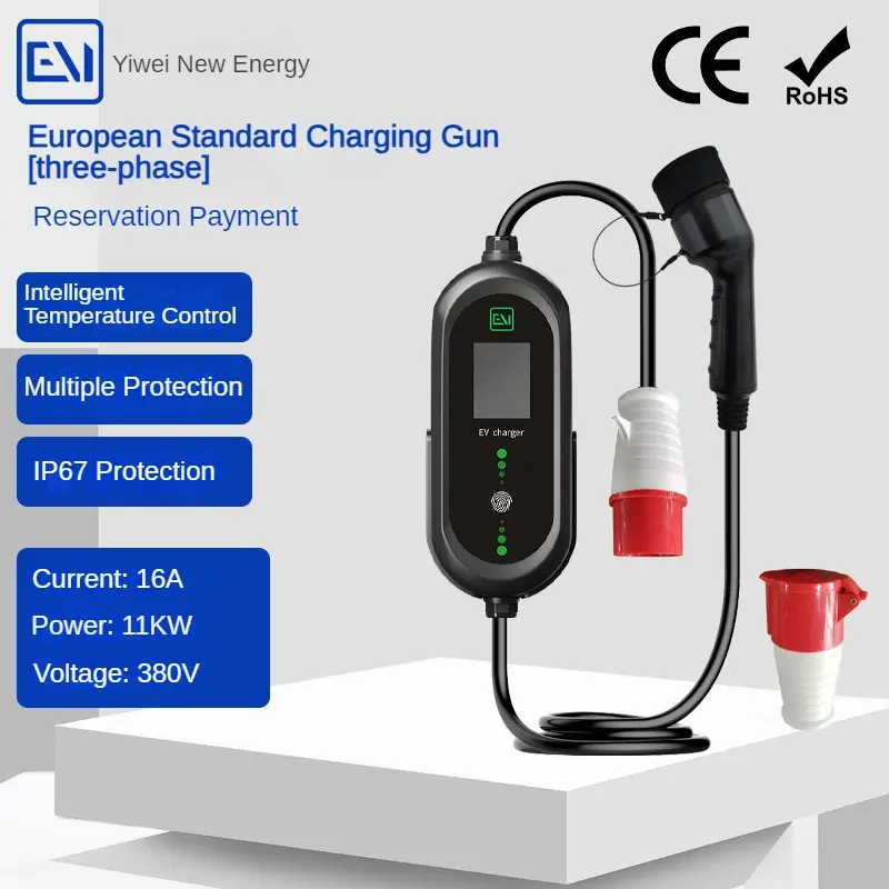 Type 2 11kw 3 Phase 380v 16a Leak Protection Fast Portable Ev Charger Electric Car Charging Station With Display Screen