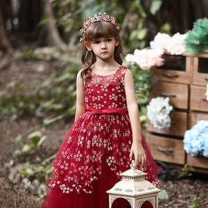 Vestido de Princesa para Niñas, Color Borgoña, Cuello Redondo, Vestido de Fiesta, Vestido de Dama de Honor con Lazo y Cola, Vestido Infantil - Product Image 2