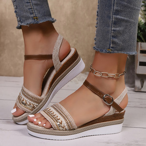 Women Summer Wedge <b>Sandals</b> European and American Style Fabric New Platform Thick Sole Roman <b>Sandals</b> Wholesale - Product Image 3