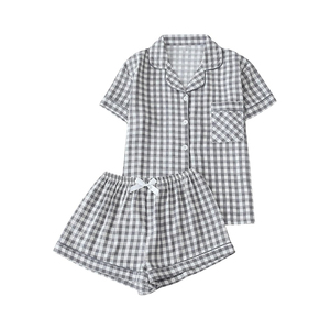 Minimal Stripe Sleep Set Button-Front Shorts And V-Neck Top 100% Cotton For Women Subtle Pattern And Effortless Essential - Product Image 1