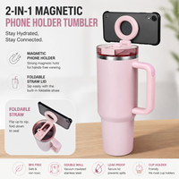 Tumbler Stainless Steel Lekproof Magnetic Tripod 40oz, Mug Vakum Dinding Ganda dengan Sedotan Lipat dan Tutup Penyangga Ponsel