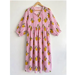 Pink Stripe Maxi <b>Dress</b> for <b>Women</b> | <b>Lemon</b> Print Summer Holiday <b>Dress</b> with Relaxed Fit Resort Style Casual Travel Outfit - Product Image 1