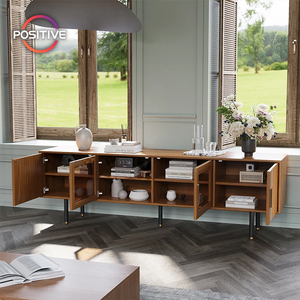 Meuble <span class=keywords><strong>TV</strong></span> moderne du milieu du siècle <span class=keywords><strong>en</strong></span> noyer avec panneaux de bois cannelés et armoires à façade <span class=keywords><strong>en</strong></span> verre pour le MSTV-<span class=keywords><strong>96</strong></span> de rangement du salon - Product Image 4