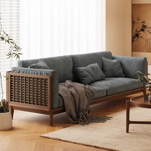 Solid Wood <b>Sofa</b> Walnut Fabric Upholstered Guest <b>Sofa</b> For Living Room New Chinese Style Furniture - Product Image 1