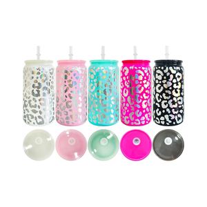 50Packs Holographic Colored Leopard 16Oz Glass Can With Plastic Lids Uv Dtf <b>Wraps</b> <b>Vinyl</b> for Iced Coffee Soda - Product Image 2