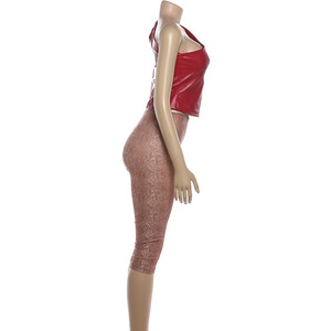 Ensemble 2 pièces pour femmes, haut court à une épaule en similicuir rouge et pantalon capri imprimé peau de serpent, tendance - Product Image 5