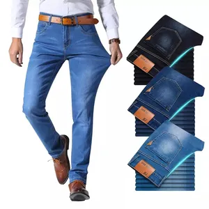 Celana Panjang Denim Pria, Celana Panjang Denim Ramping Kasual Meregang Bisnis Merek Klasik Biru Muda untuk Pria