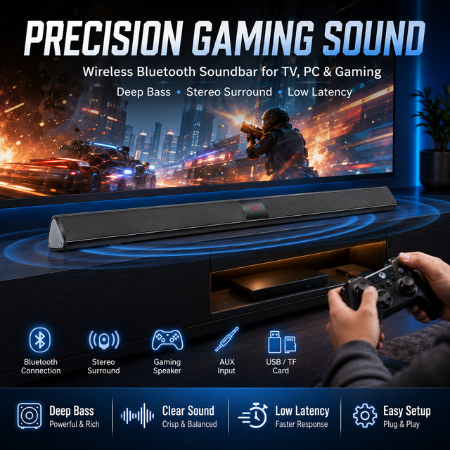 Sleek Wireless Bt Sound Bar for Home Theater With Multi-Channel Audio and Remote Control Ideal for Tv and Smart Devices