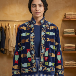 Blouson bomber en velours bleu marine pour femme avec broderie, écologique, respirant, séchage rapide, rembourrage en soie, fabriqué au Rajasthan - Product Image 5