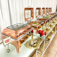 Chauffe-Plats Commercial de Luxe en Acier Inoxydable, Plat de Présentation Moderne pour Hôtels et Restaurants, Buffets, avec Couvercle Carré en Verre, Or Rose, 6L
