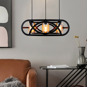 Suspension linéaire industrielle noire à 3 lumières en cage métallique elliptique pour îlot de cuisine - Product Image 3