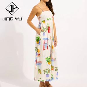 เดรสยาวทรงคอร์เซ็ทพิมพ์ลายสำหรับผู้หญิง ฤดูร้อนใหม่ พร้อมจีบปรับระดับได้ด้านหลัง ผ้าลินินหรูหรา 55% / วิสโคส 45% - Product Image 2