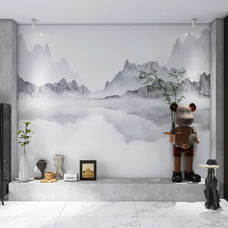 800x2600mm Landscape Painting White Slab Large Format Porcelain Open Book Match Tile Big Ceramic Wall Tiles For Living Room