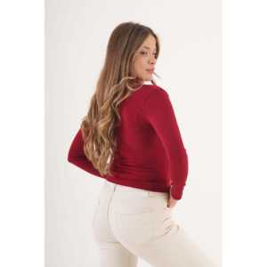 Blusa Borgoña XL al por mayor con hombros y cintura fruncidos, cuello alto con volantes, patrón liso, tejido de punto para primavera - Product Image 1