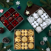 Adornos Navideños Vintage en Caja de Regalo, Bolas de Navidad con Múltiples Formas, Estrellas y Rayas, Flocadas, Rojas, Crema, Doradas, Modernas, Sencillas, Colgantes