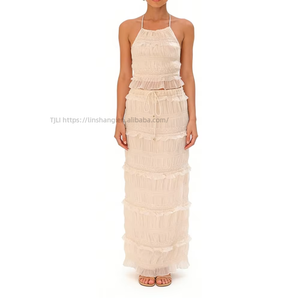 Women's Halter Neck 2 Piece Set - Tiered Ruffle Maxi Skirt & <b>Crop</b> <b>Top</b> With Shimmer Detail Fashion - Product Image 2