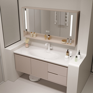 Meuble-lavabo minimaliste flottant avec miroir intelligent anti-buée, meuble-lavabo avec armoire et rangement à tiroirs - Product Image 3