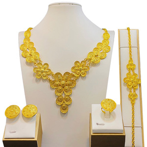 24K Gold Jewelry <b>Sets</b> Necklace Earrings Ring <b>Bracelet</b> Flower Design Ethnic Wedding Women's Fine Jewelry Main Stone None - Product Image 5
